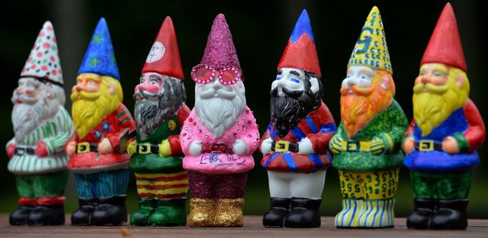 Garden gnomes, one of which designed by British musician Elton John (C), are seen during the Chelsea Flower Show press day in London on May 20, 2013. Picture: AFP PHOTO / BEN STANSALLBEN STANSALL/AFP/Getty Images