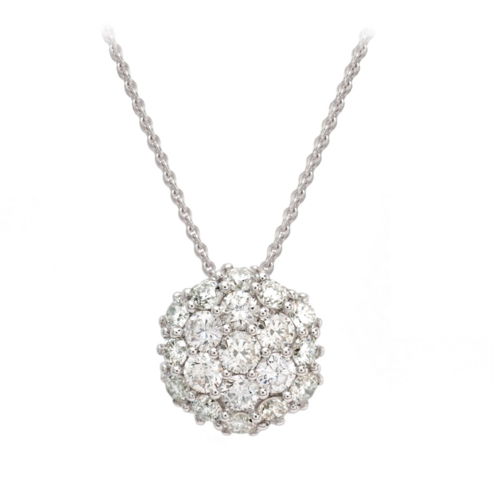 19 pave set round brilliant cut diamonds feature in this gorgeous floral pendant