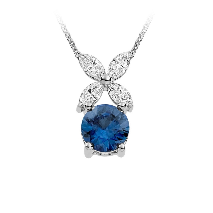 Our diamond and blue sapphire pendant features 4 marquise diamonds with a total carat weight of 0.20ct. The diamonds are beautifully complemented by 1 medium dark blue Sapphire. This pendant comes complete with an 18 inch Cable chain.