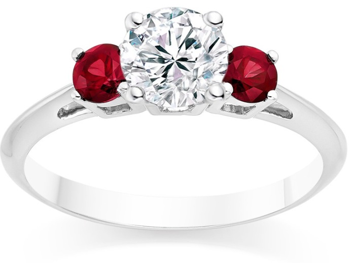 Vashi.com, Round Cut 0.45 Carat Ruby Side Stone Engagement Ring in 18k White Gold