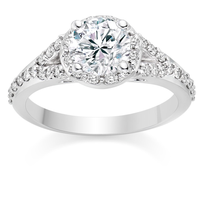 Round Cut 0.95 Carat Halo Engagement Ring with Side Stones in 18k White Gold, £2199, Vashi.com, Vashi Dominguez, get the look 