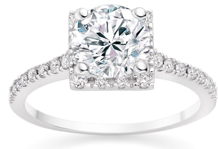 Round Cut 0.75 Carat Halo Engagement Ring with Side Stones in Platinum £1899, Vashi.com